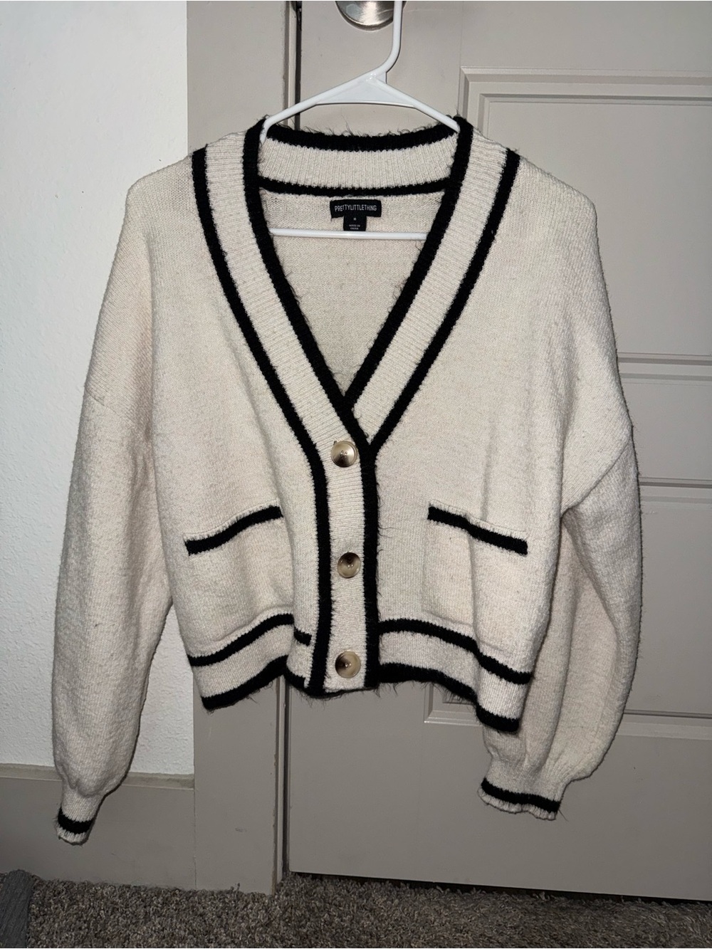 PrettyLittleThing Cream Cardigan with Black Trim